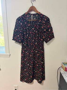 Black Floral Midi Dress with Red & Pink Blooms